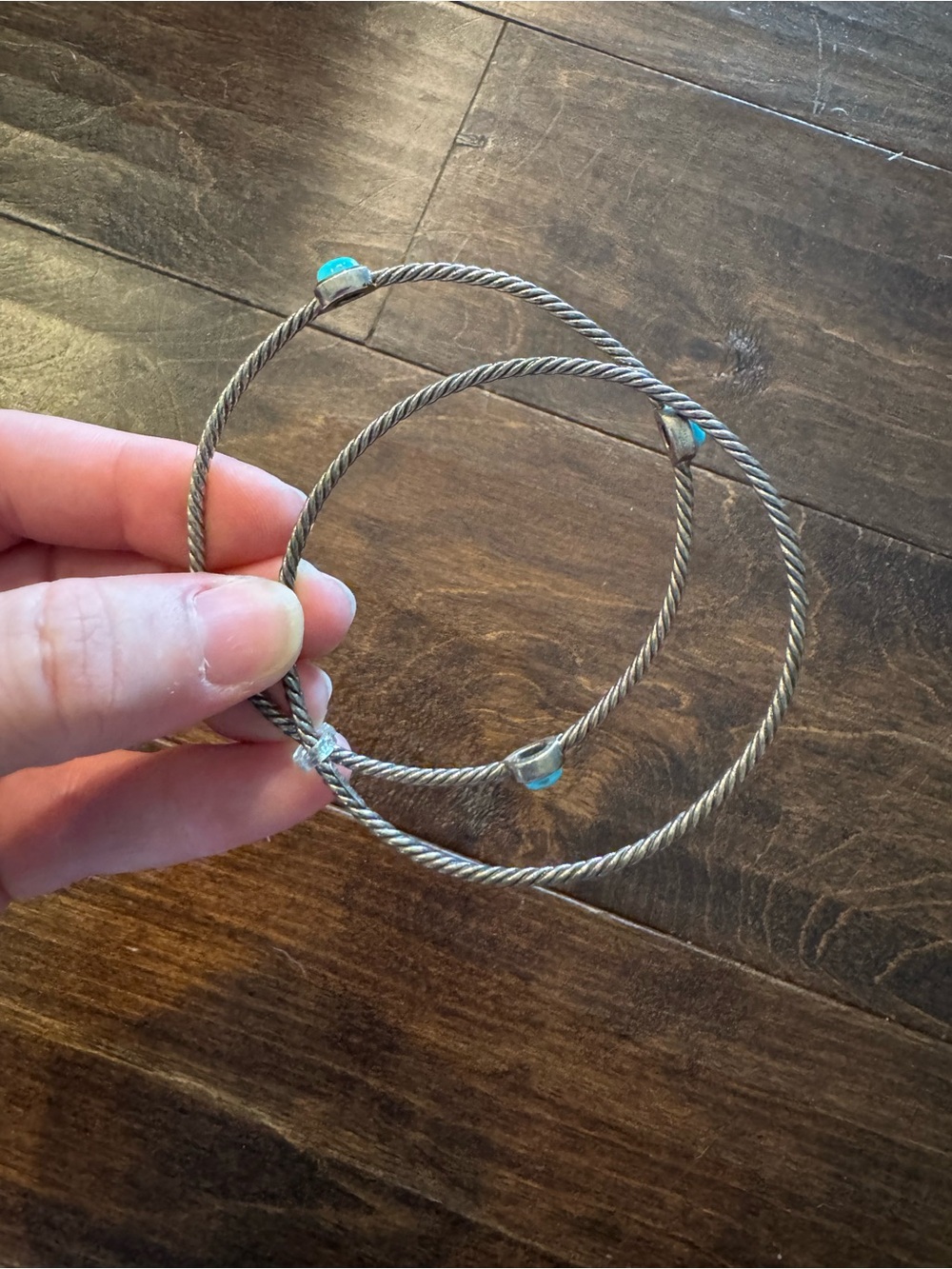 David Yurman Twisted Silver Cable Bracelets with Aqua Blue Accents
